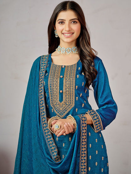 Indyancart SN Women's Blue Ethnic Motifs Embroidered Kurta with Churidar & Dupatta