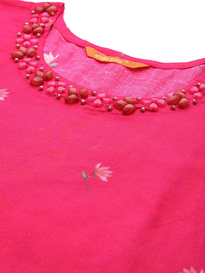 Indyancart IE Floral Printed Beads & Stones Pure Cotton Kurta With Trousers & Dupatta