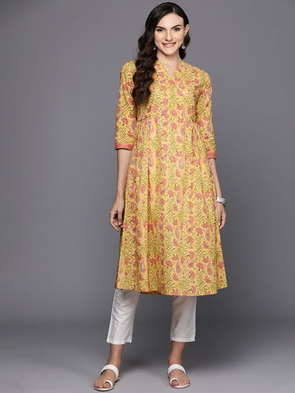 Indyancart IE Floral Printed Pure Cotton Empire Style A-Line Kurta