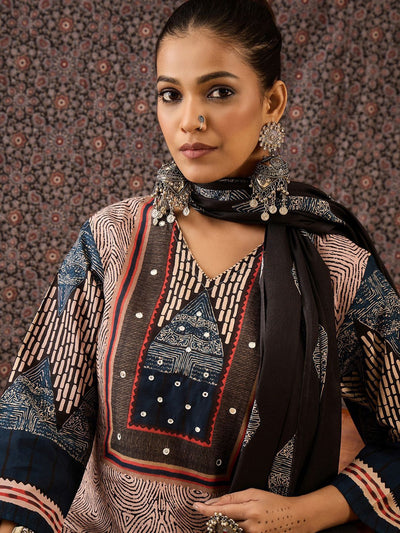 Indyancart IE Women Ethnic Motifs Printed Regular Beads and Stones Pure Cotton Kurta with Trousers & With Dupatta