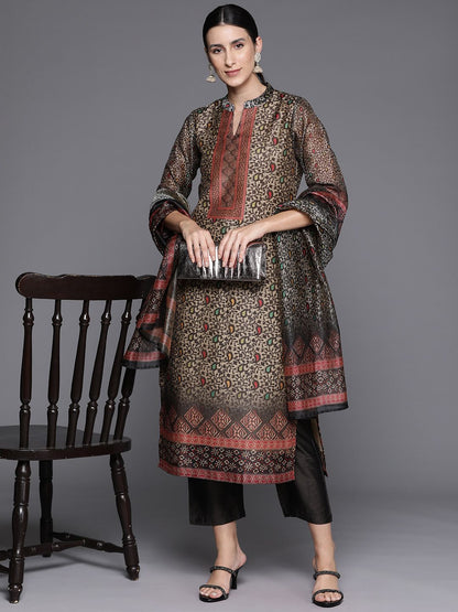 Indyancart VA Women's Paisley Printed Regular Chanderi Silk Kurta with Trousers & Dupatta