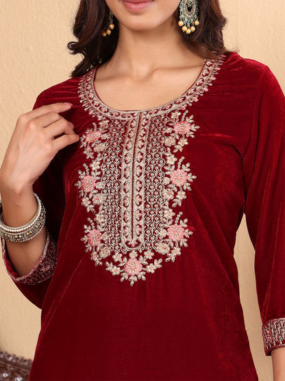 Indyancart VA Women'sMaroon Floral Yoke Design Sequinned Velvet Straight Kurta with Trousers & Dupatta