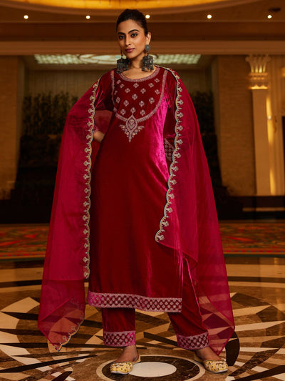 Dhiyona IE Women Ethnic Motifs Embroidered Regular Velvet Kurta with Trousers & With Dupatta