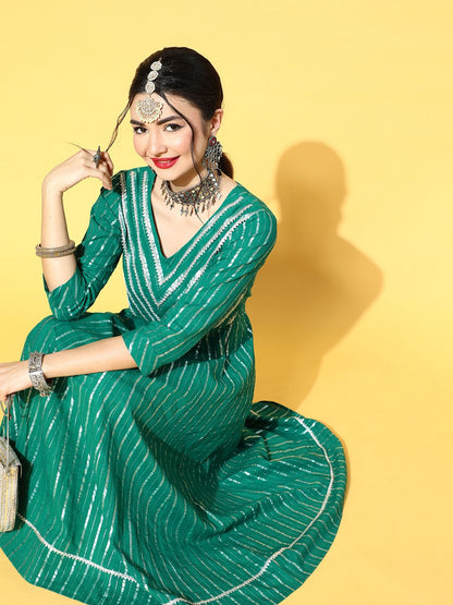 Indyancart VA Women's Green & Silver Striped Gotta Patti Kurta Set