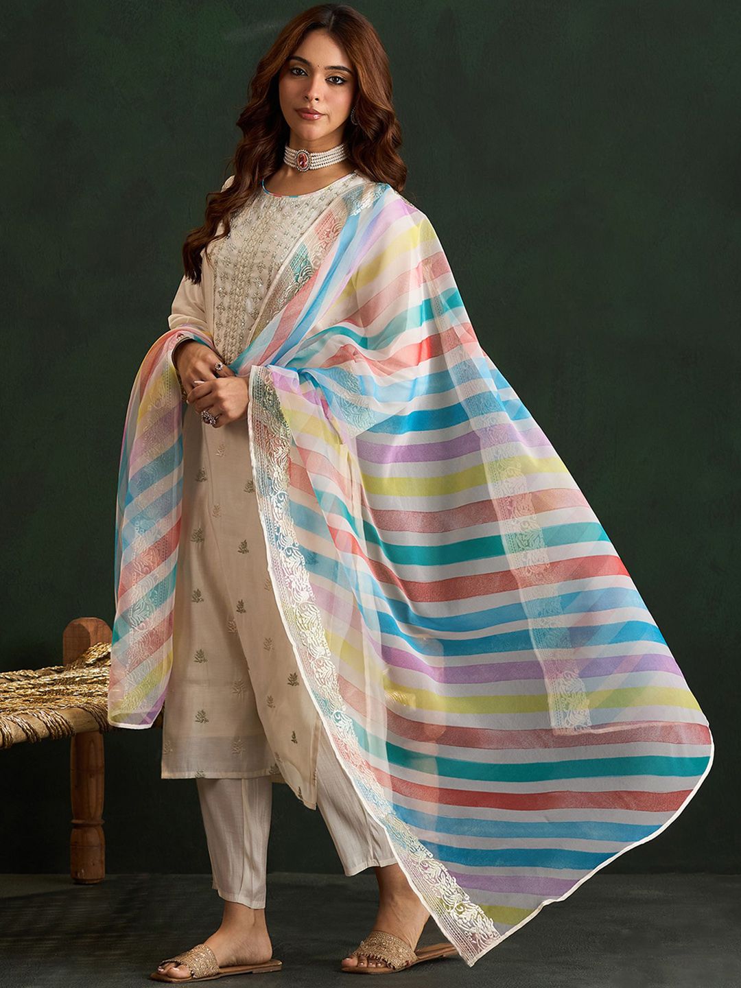 Women Ethnic Motifs Embroidered Regular Pure Cotton Kurta with Trousers & With Dupatta