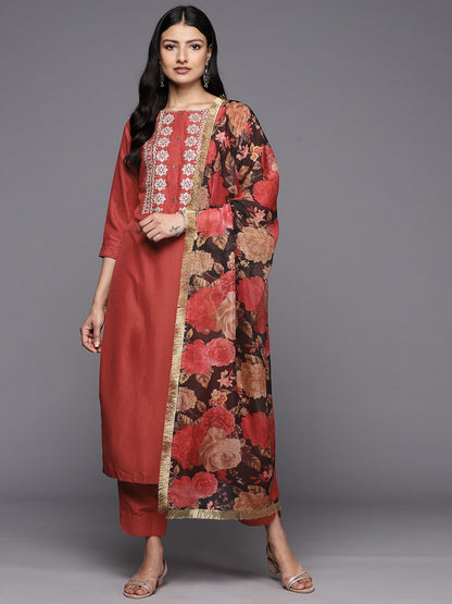 Indyancart VA Women'sEthnic Motifs Embroidered Thread Work Kurta With Trousers & With Dupatta