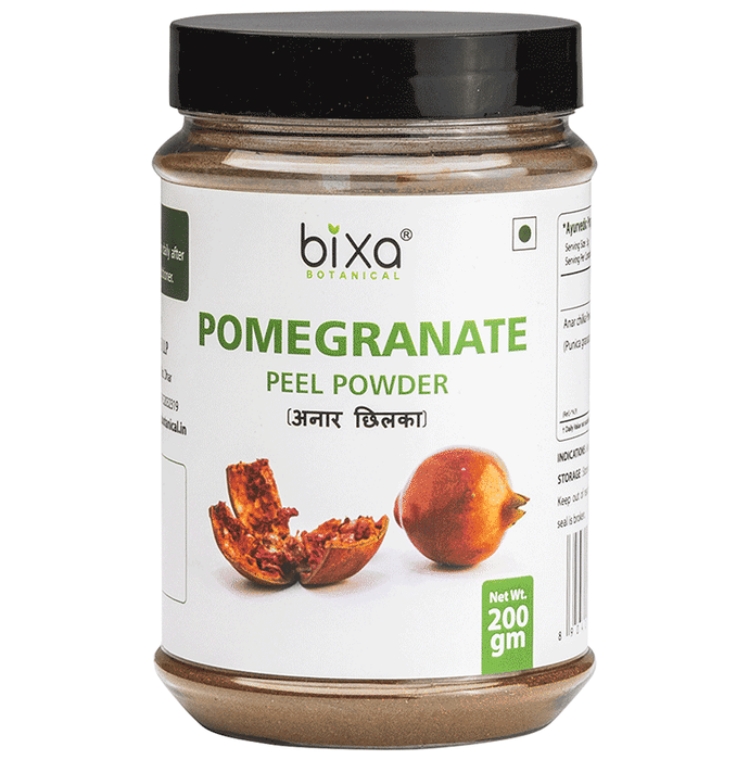 Bixa Botanical Pomegranate Peel Powder in a resealable bag, Ayurvedic herbal powder for skincare and health uses.