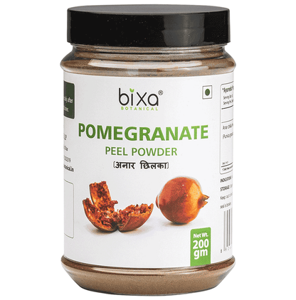 Bixa Botanical Pomegranate Peel Powder in a resealable bag, Ayurvedic herbal powder for skincare and health uses.