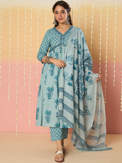 Women Floral Printed Empire Pure Cotton Kurta with Trousers & With Dupatta