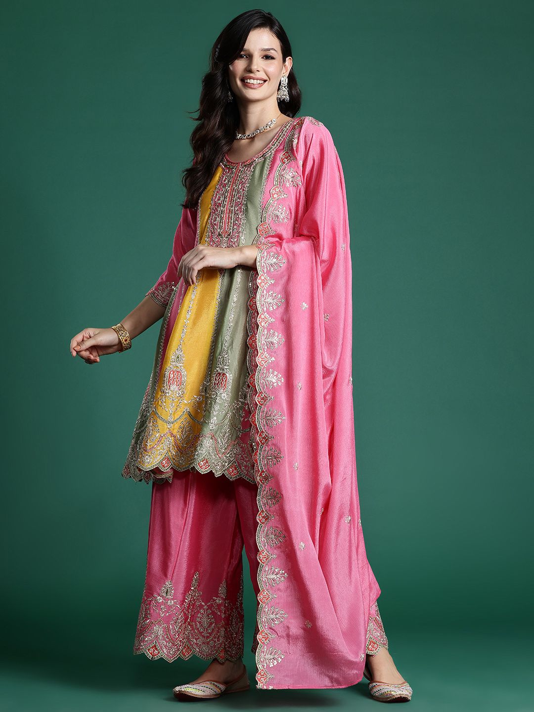 Indyancart IE Ethnic Motifs Embroidered Panelled Sequinned Kurta With Palazzos & Dupatta