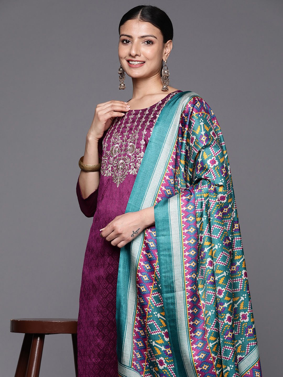 Indyancart VA Women's Floral Yoke Design Regular Sequinned Kurta with Trousers & With Dupatta
