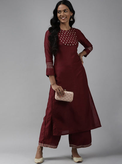 Indyancart IE Embroidered Mirror Work Kurta with Palazzos