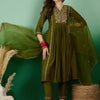 Dhiyona SN Women's Green Yoke Design Thread Work Pleated A-line Kurta With Trouser & Dupatta