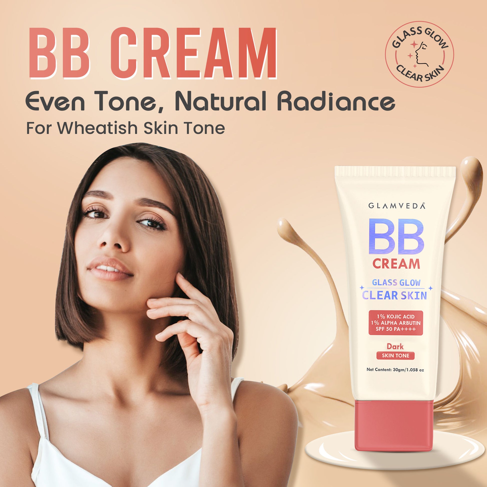 Glamveda BB Cream Glass Glow Clear Skin SPF 50 PA++++ - Dark - Dark