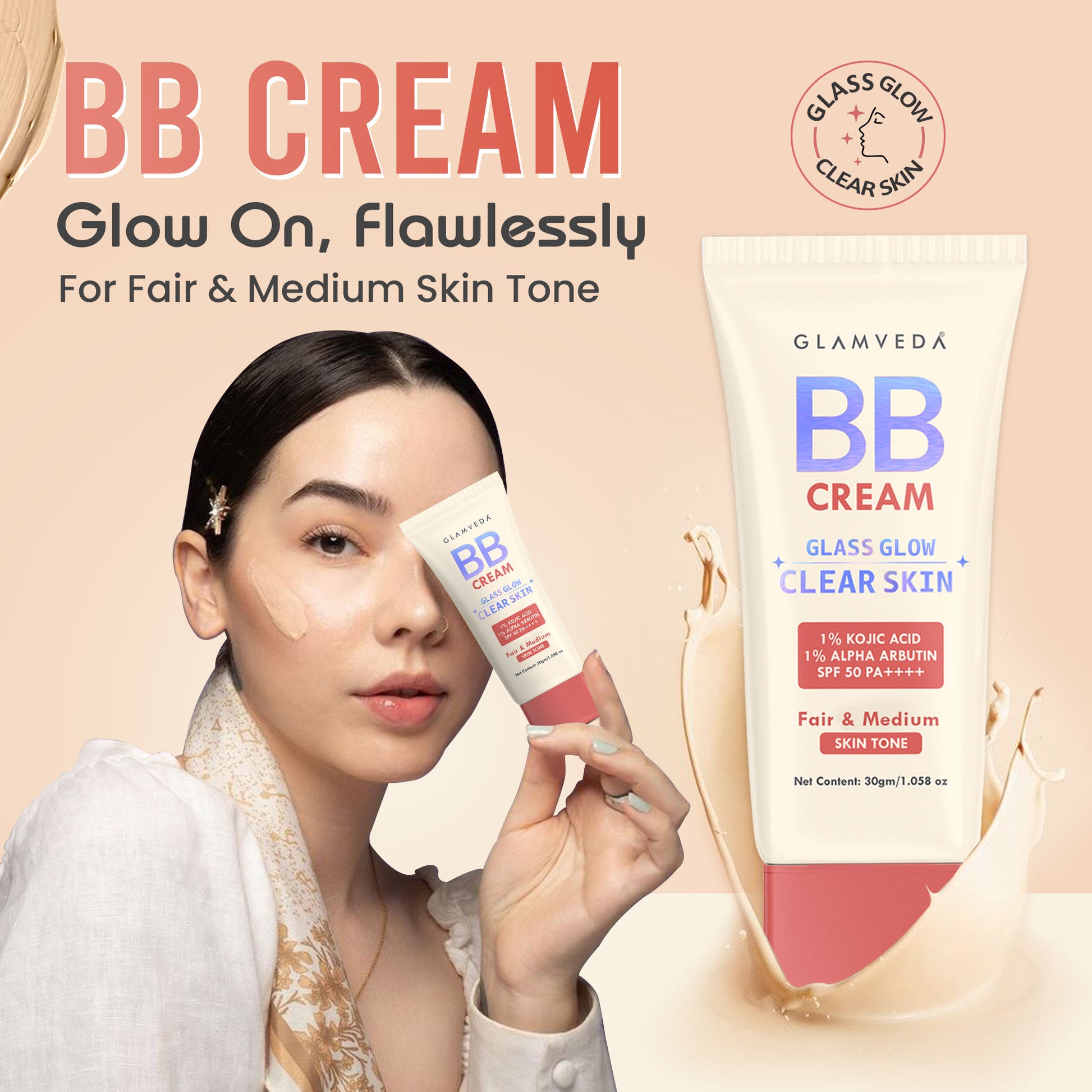 Glamveda BB Cream Glass Glow Clear Skin SPF 50 PA++++ - Dark - Fairandmedium