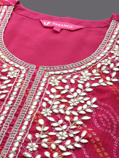 Indyancart VA Women'sBandhani Printed Regular Kurta with Trousers & With Dupatta