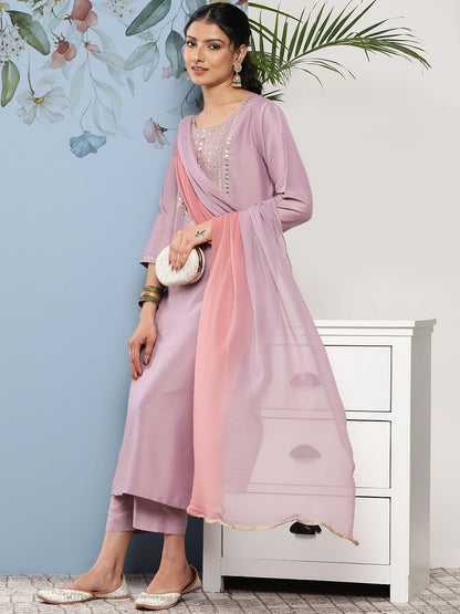 Indyancart VA Women's Floral Embroidered Sequinned Kurta With Trousers & Dupatta