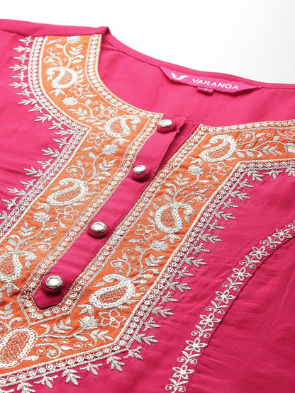 Indyancart VA Ethnic Motifs Embroidered Zari Panelled Kurta With Palazzos & Dupatta