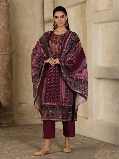 Indyancart SN Women's Floral Printed Round Neck Silk Blend Straight Kurta With Trousers & Dupatta