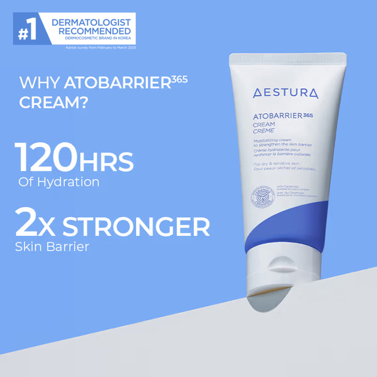 Aestura Atobarrier365 Cream jar with white and blue packaging, showcasing the soothing skincare product for sensitive skin.