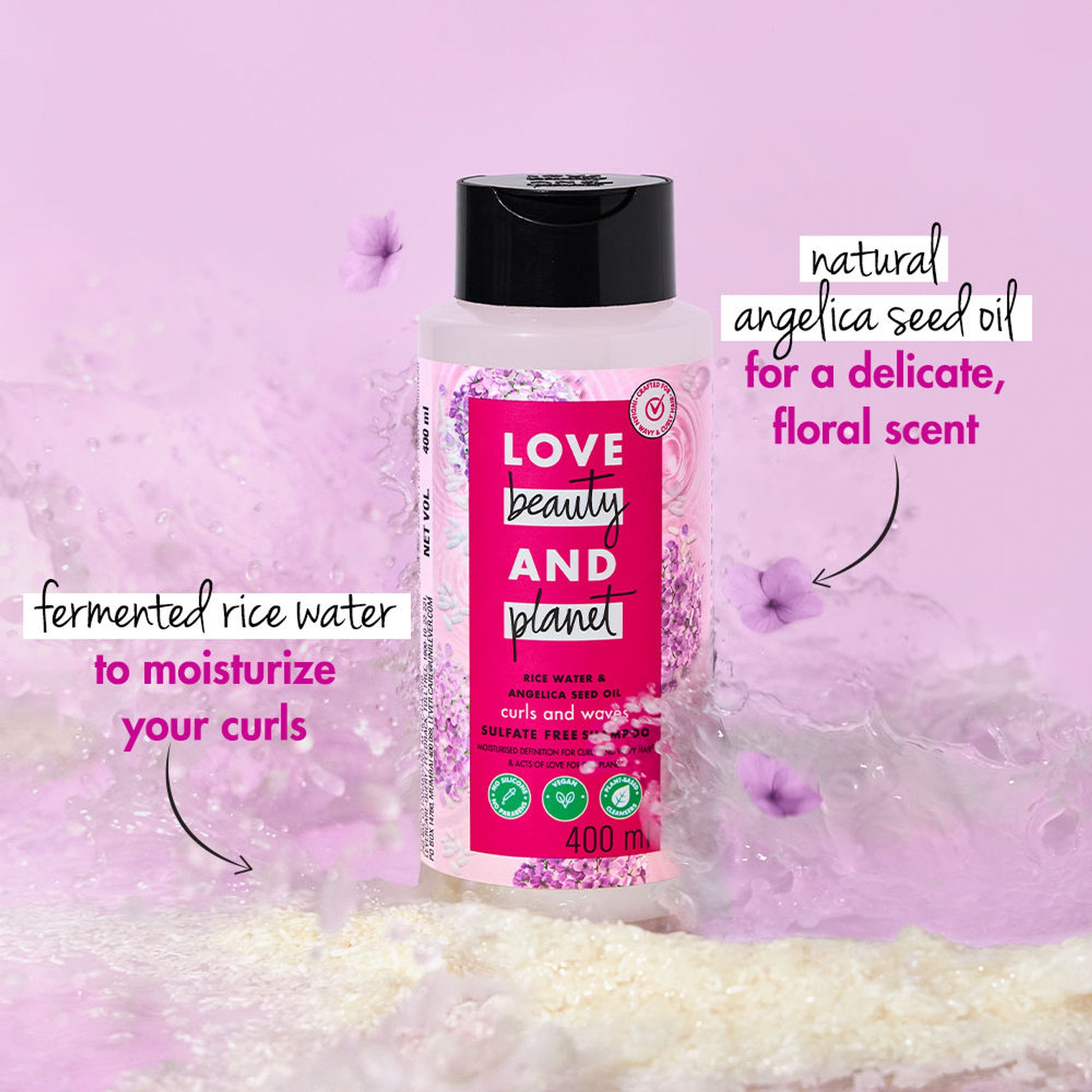Love Beauty & Planet Rice Water & Angelica Seed Oil Shampoo For Frizz Free Curly & Wavy Hair