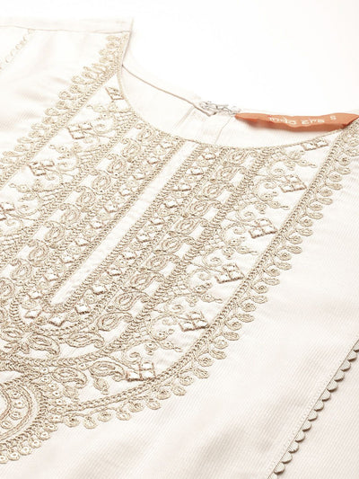 Indyancart IE Ethnic Motifs Embroidered Panelled Liva Kurta With Trousers & Dupatta