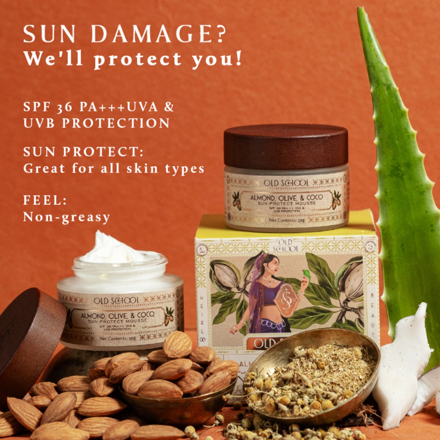 Old School SPF 36 PA+++ Sunscreen with Almond, Olive & Coconut Hydrating for Sun Protection Tanning