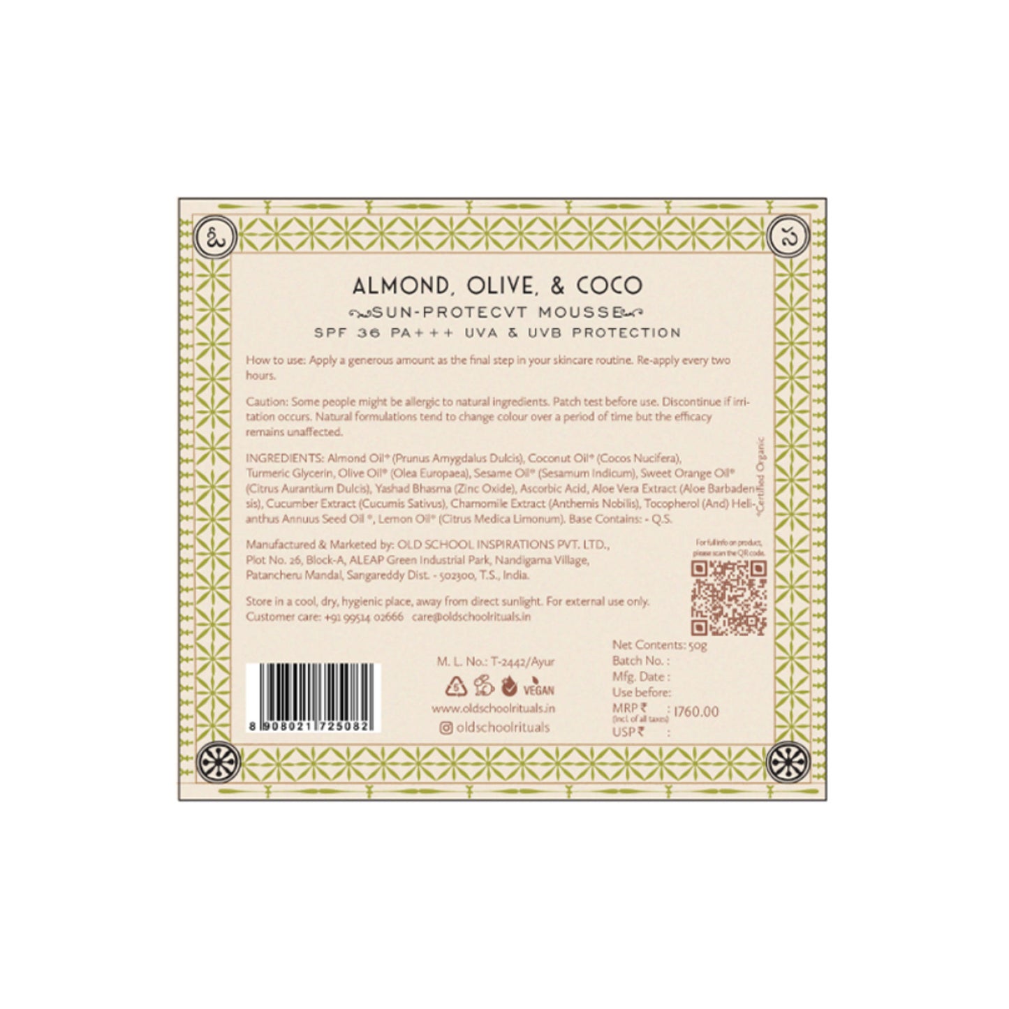 Old School SPF 36 PA+++ Sunscreen with Almond, Olive & Coconut Hydrating for Sun Protection Tanning