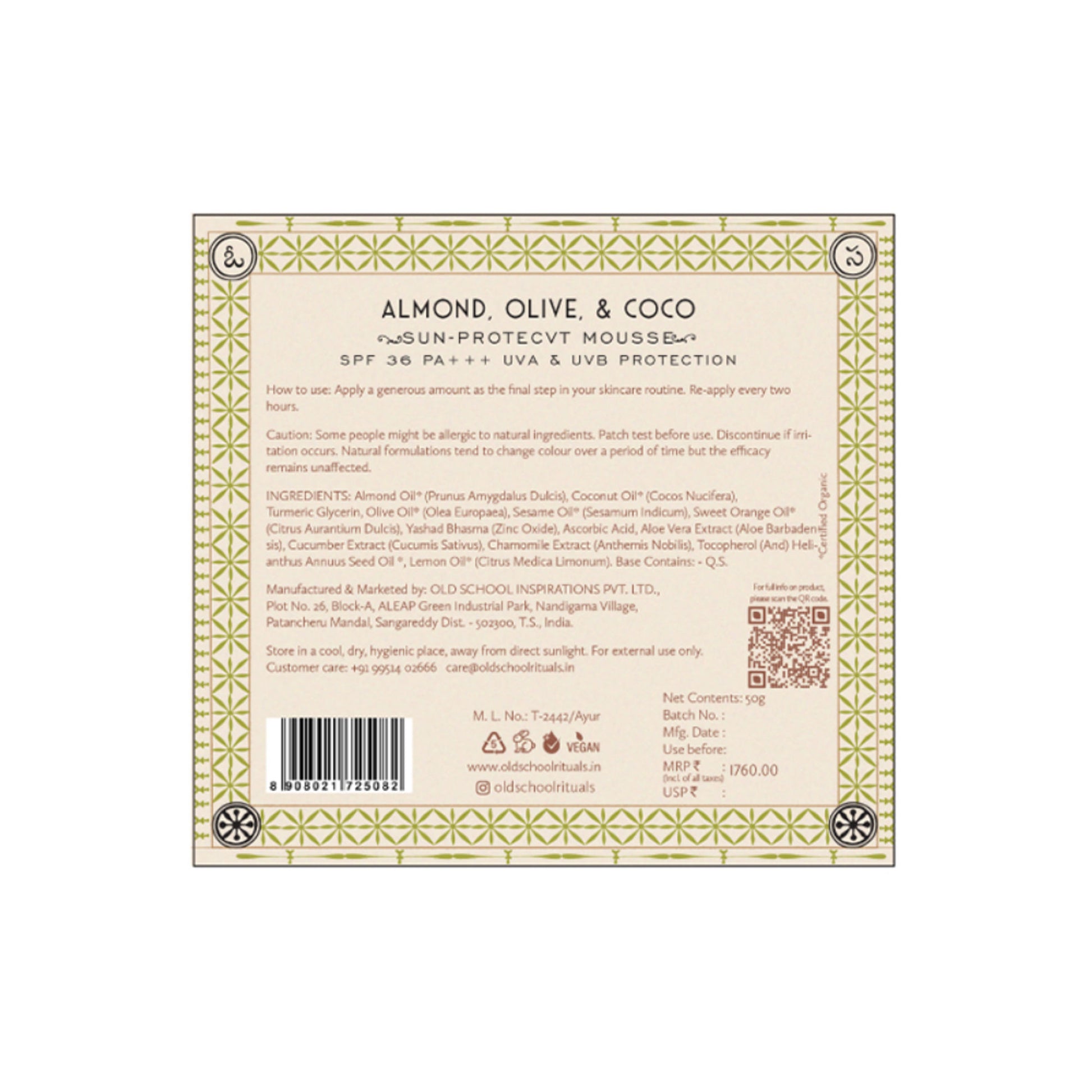 Old School SPF 36 PA+++ Sunscreen with Almond, Olive & Coconut Hydrating for Sun Protection Tanning
