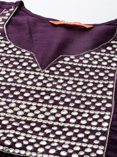 Dhiyona IE Women Purple Yoke Design Kurta with Trousers & Dupatta