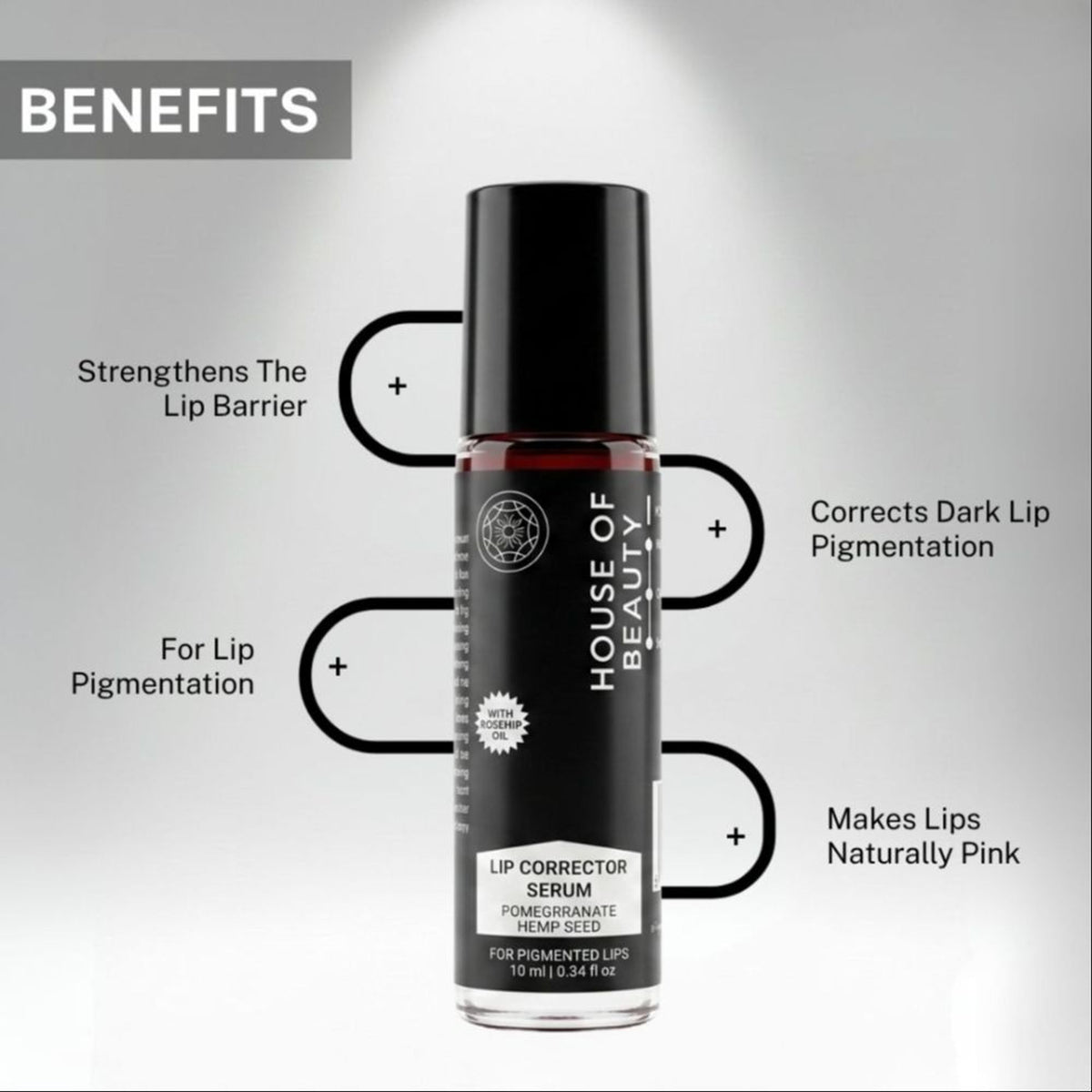 House Of Beauty Lip Corrector Serum in a sleek bottle, designed to improve lip shape and smoothness with nourishing formula.