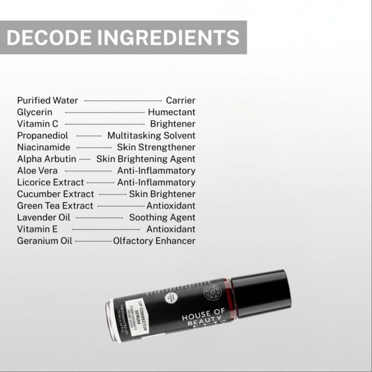 House Of Beauty Lip Corrector Serum in a sleek bottle, designed to improve and hydrate lips with natural ingredients.