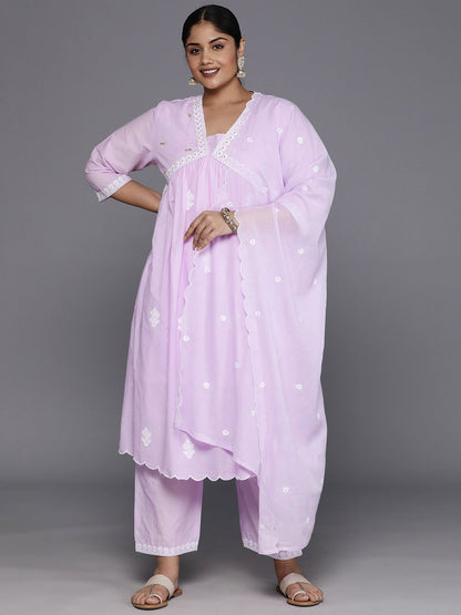 Indyancart VA Women'sPlus Size Floral Embroidered Empire Thread Work Pure Cotton Kurta Set