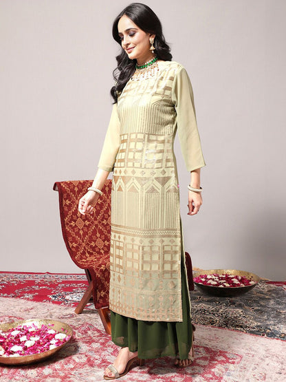 Indyancart VA Women's Geometric Embroidered Regular Sequinned Kurta With Trousers & Dupatta