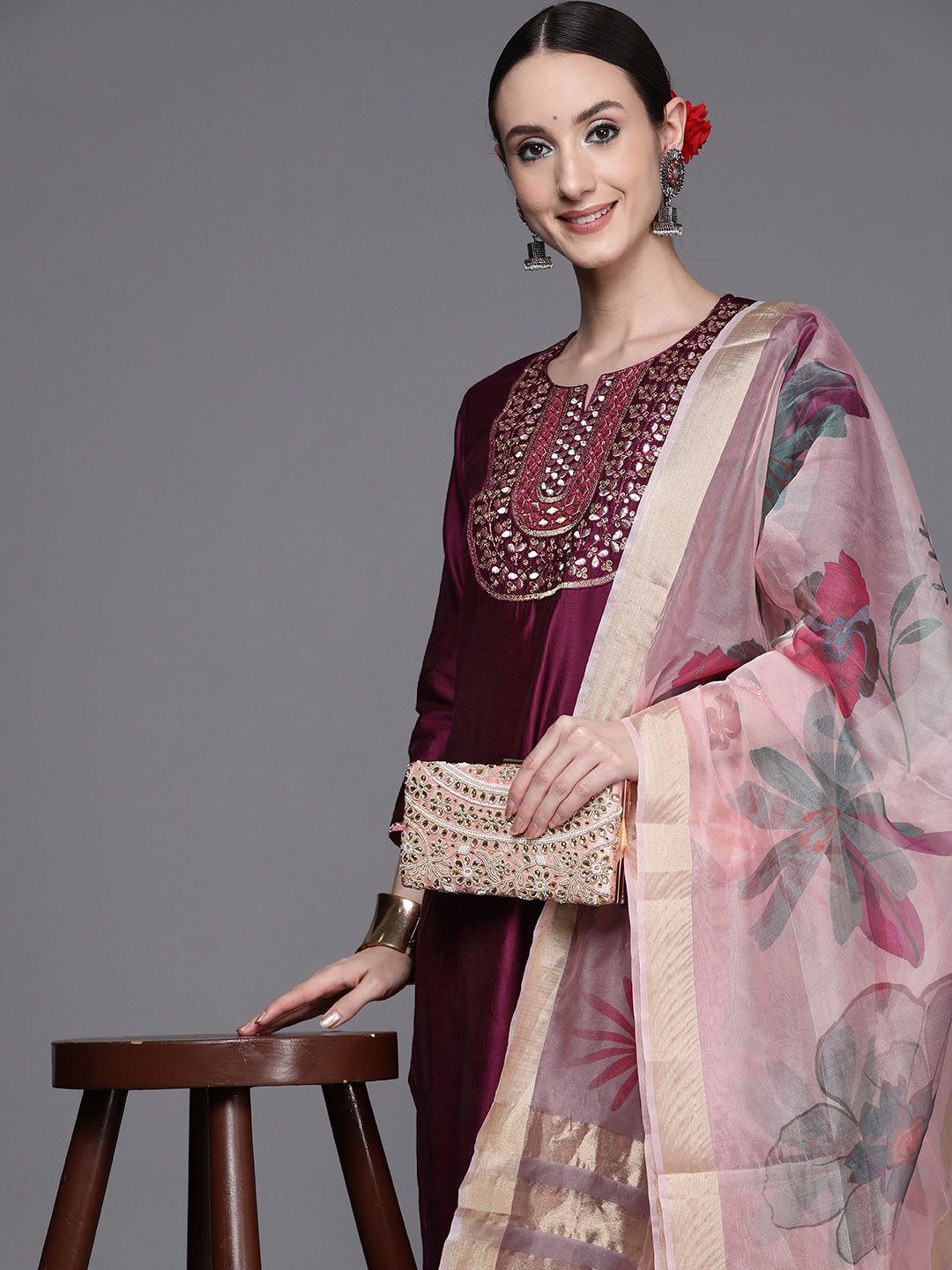 Indyancart IE Women Purple Embroidered Sequinned Liva Kurta with Trousers & With Dupatta