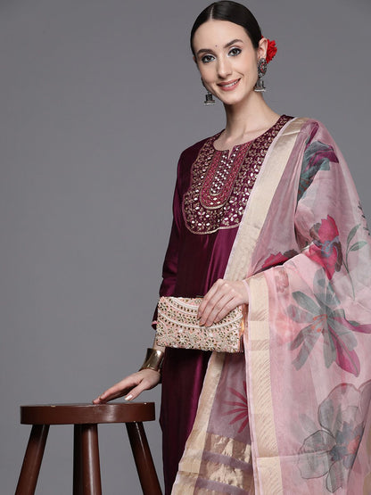 Indyancart IE Women Purple Embroidered Sequinned Liva Kurta with Trousers & With Dupatta