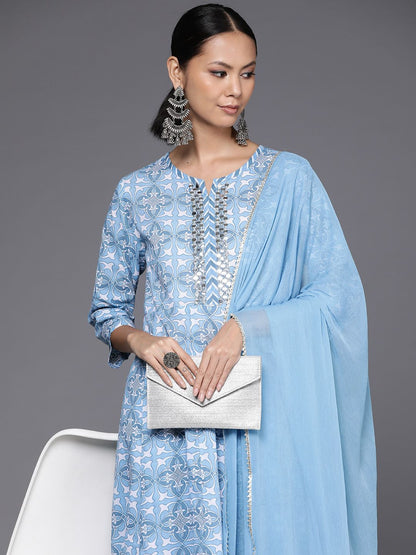 Indyancart VA Women'sPrinted Empire Mirror Work Pure Cotton Kurta with Trousers & Dupatta