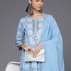 Indyancart VA Women'sPrinted Empire Mirror Work Pure Cotton Kurta with Trousers & Dupatta