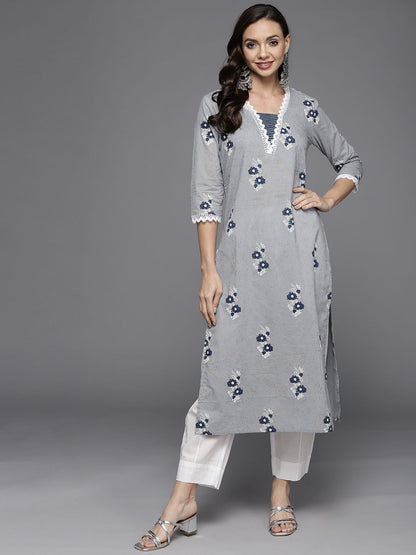 Indyancart IE Women Grey & Blue Floral Printed Pure Cotton Kurta