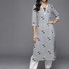 Indyancart IE Women Grey & Blue Floral Printed Pure Cotton Kurta