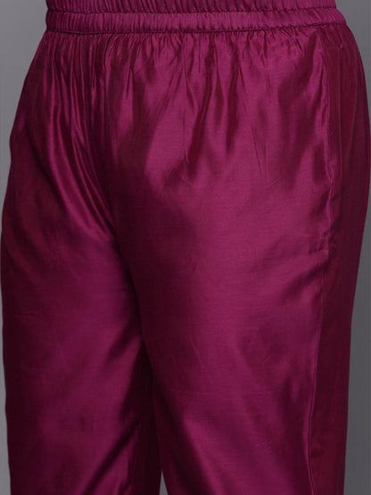 Indyancart VA Women's Magenta Yoke Design Sequinned Chanderi Silk Kurta with Trousers & Dupatta