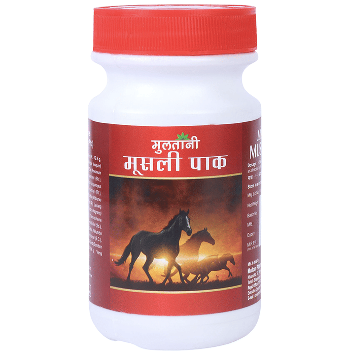 Multani Musli Pak Powder Ayurvedic syrup in a glass bottle with a white cap, shown in a close-up image.