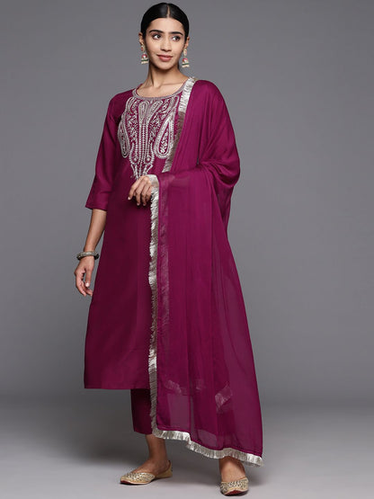 Indyancart VA Women'sPaisley Zzari Embroidered Regular Kurta with Trousers & Dupatta