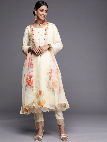Dhiyona IE Women Cream-Coloured Floral Embroidered Thread Work Chanderi Cotton Kurta with Trousers & With