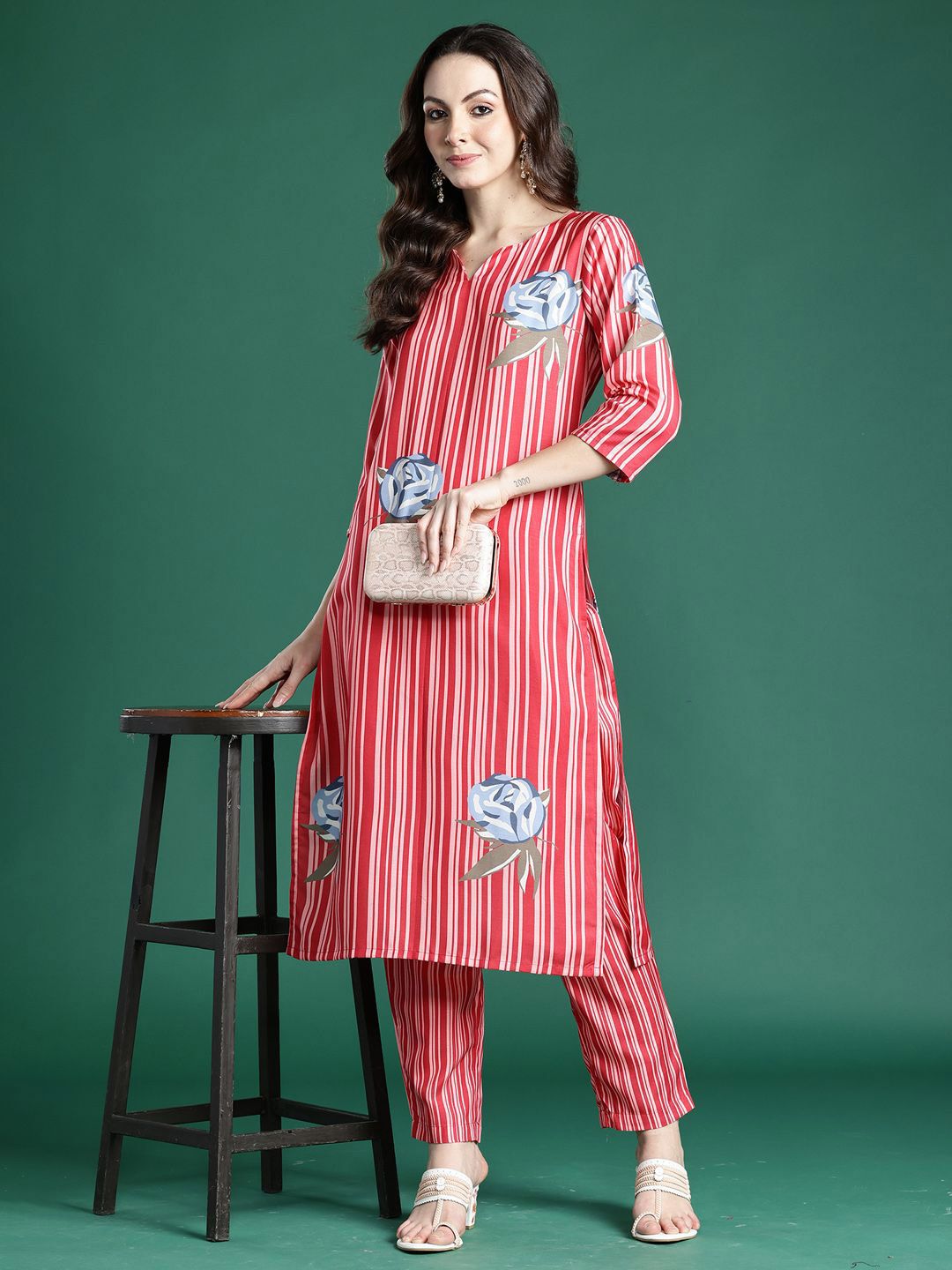 Indyancart IE Printed V-Neck Tunic With Trousers Co-Ords