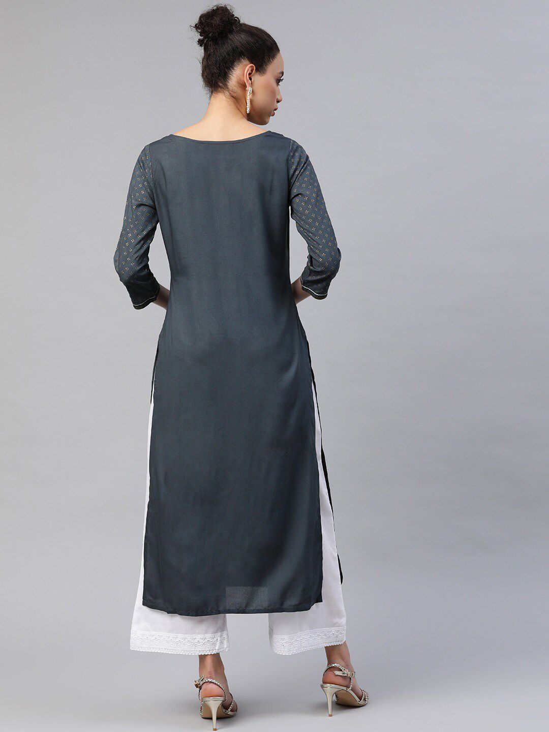 Dhiyona IE Grey Ethnic Motif Printed Three Quarter Sleeve Straight Kurta