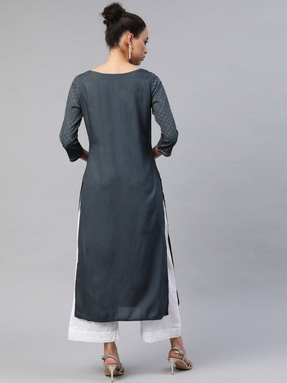 Dhiyona IE Grey Ethnic Motif Printed Three Quarter Sleeve Straight Kurta
