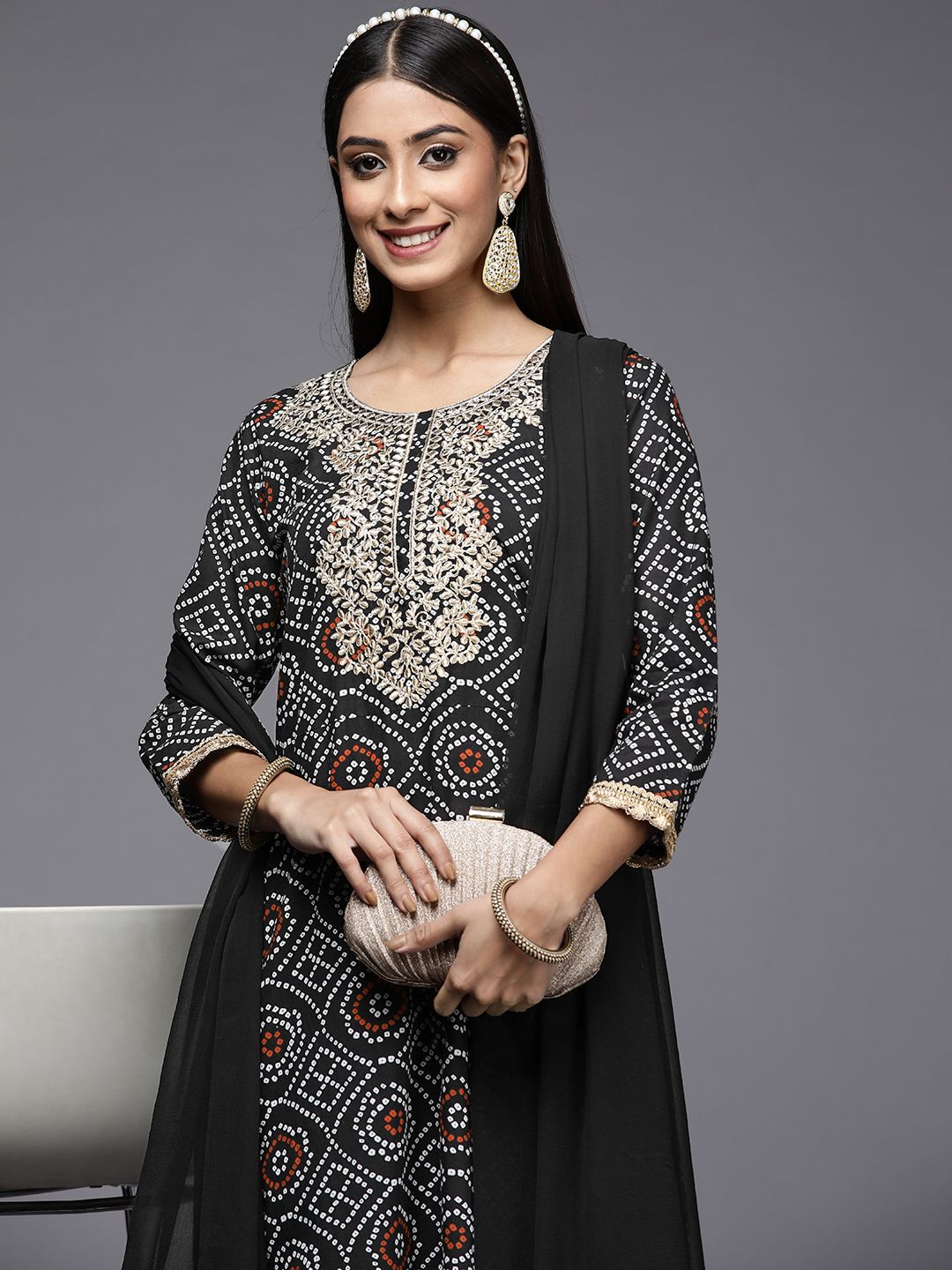 Women Black Bandhani Printed Pure Cotton Kurta with Palazzos & With Dupatta