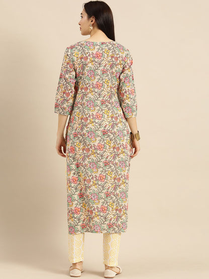 Dhiyona VA Women's Sea Green & Mustard Yellow Printed Kurta with Trousers