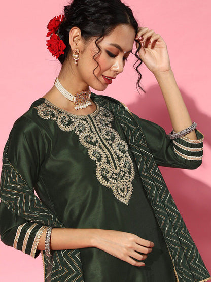 Indyancart IE Green Ethnic Motifs Embroidered Round Neck Straight Kurta with Palazzos & Dupatta